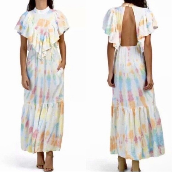 Young Fabulous & Broke Cruz Open Back Ruffle Maxi Dress Papaya Summer of Love S - Picture 7 of 8
